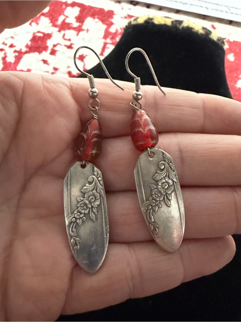 Handcrafted Floral Spoon & Red Glass & Silver Tone Pierced Earrings